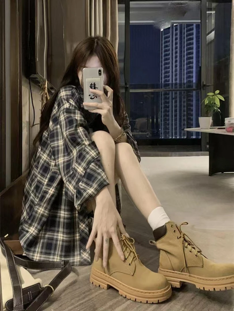 幂式秋季新款复古格纹衬衫女休闲外套长袖小众宽松衫衬衣港味女装
