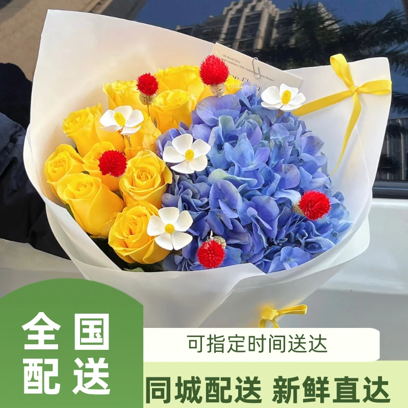 【白雪公主的花】12朵黄玫瑰绣球混搭花束生日礼物送女友送闺蜜鲜花