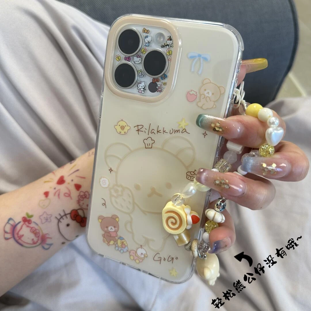 奶黄线条轻松熊适用苹果15太空壳iPhone16全包苹果13新款女款高级