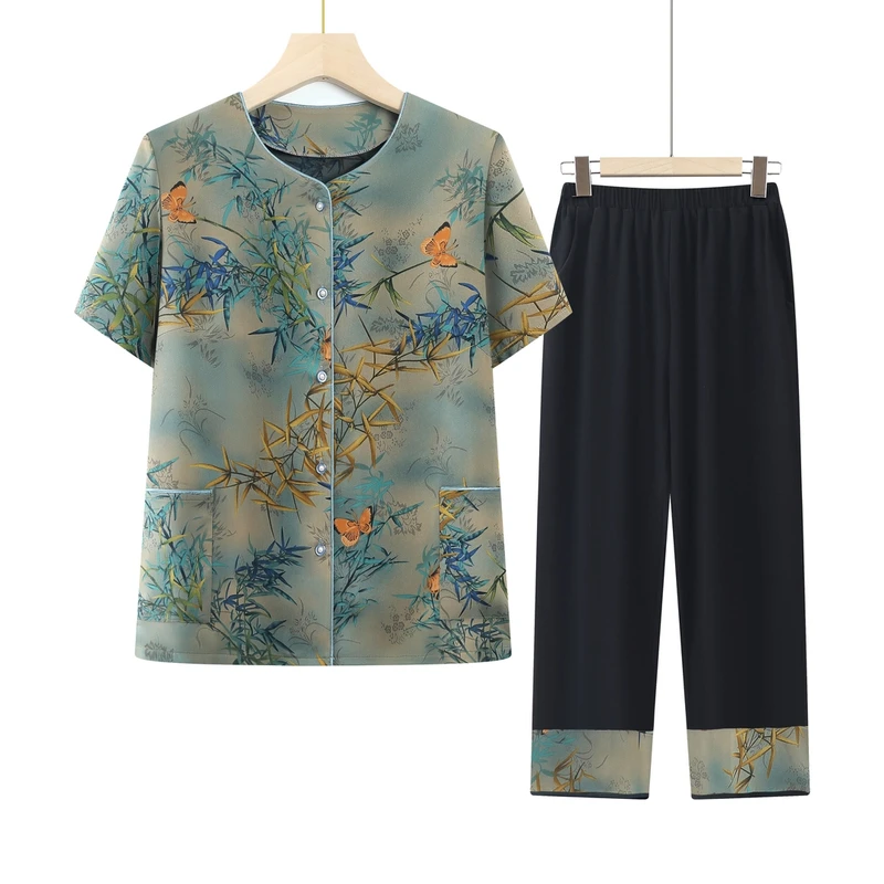 中老年人妈妈短袖夏天开衫衣服两件套装奶奶休闲洋气薄款宽松女装