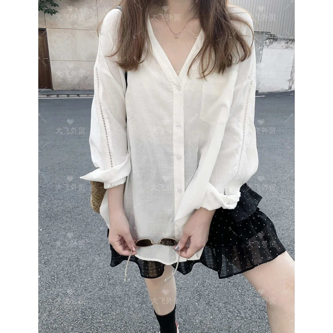 【100%雨露麻&镂空V领衬衫】夏季新款镂空V领纯色长袖衬衫367