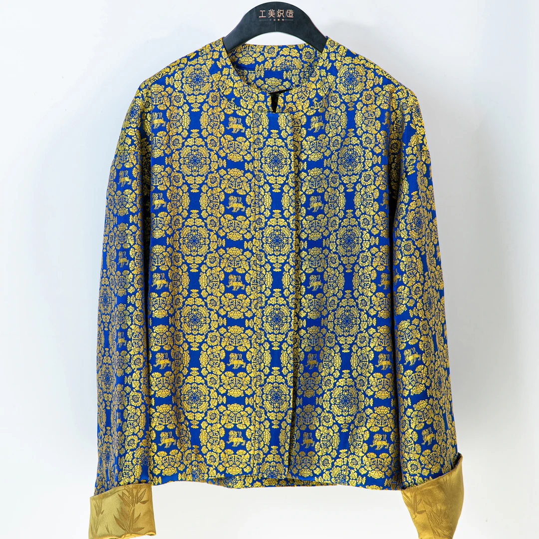 【四川工美蜀锦】新中式中国风桑蚕丝蜀锦蓝地立狮宝相棒球服外套女