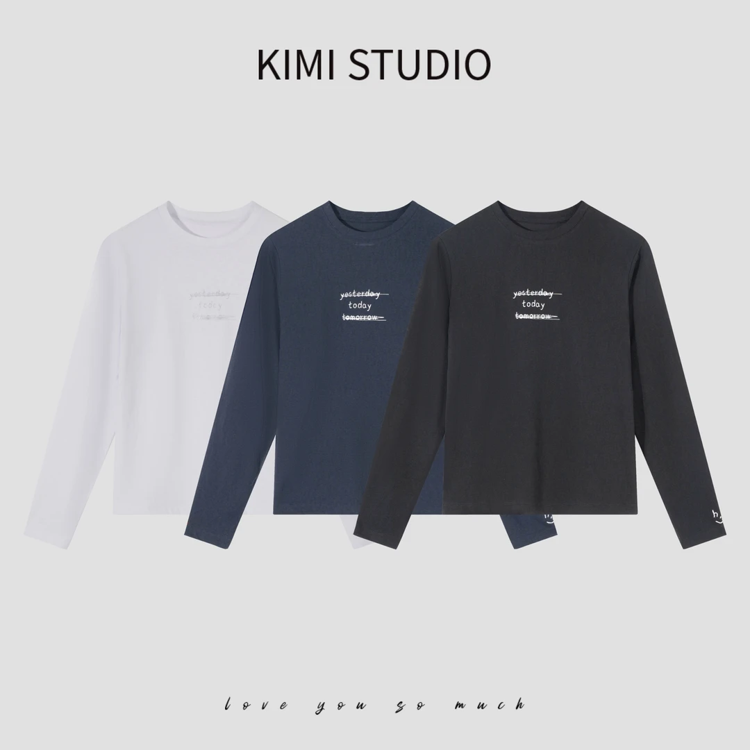 SS25011  烫印字母印花竹节棉袖口笑脸设计长袖T恤打底上衣