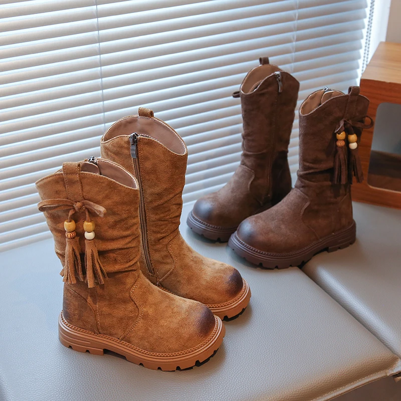 女童复古高靴2025冬季新款儿童流苏加绒棉靴小女孩时尚长靴子1668