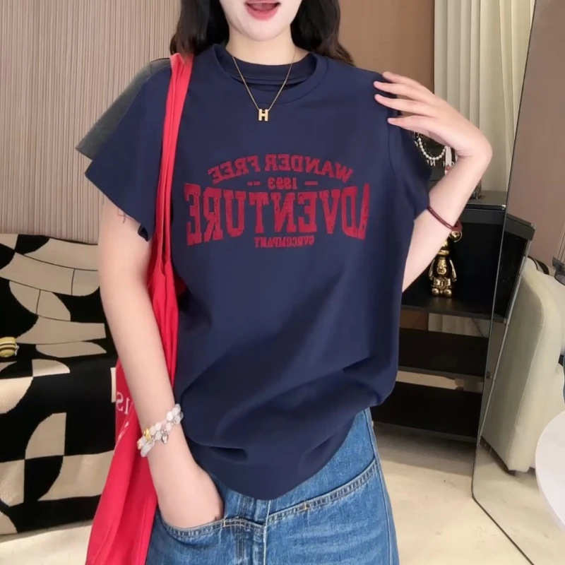 新款时尚百搭植绒字母时髦洋气小众设计显瘦宽松短袖T恤LK2505910