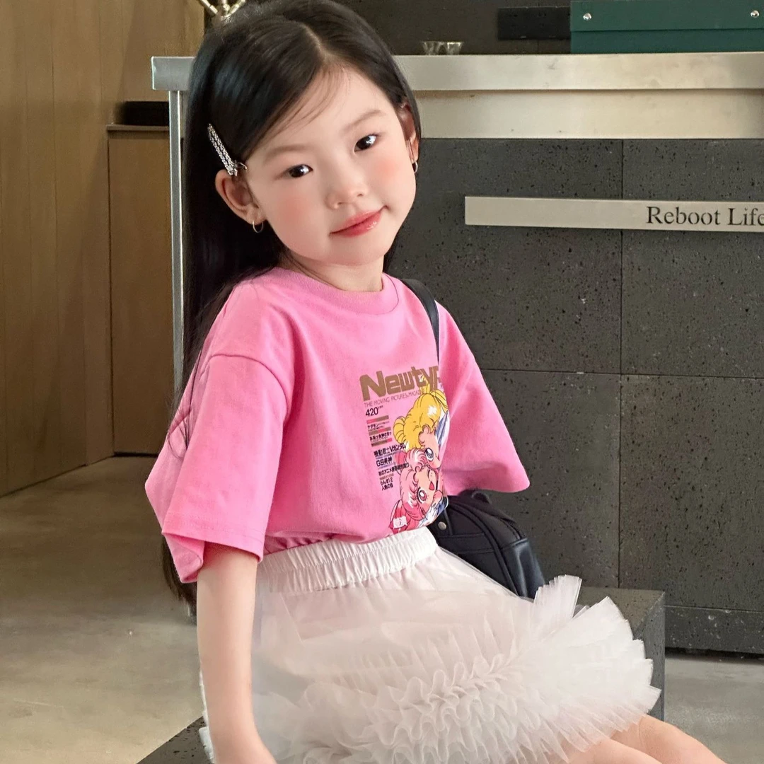 2025夏季新款韩版女童套装时尚洋气百搭印花短袖T恤蓬蓬云朵半裙