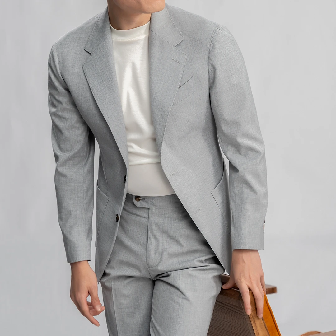 谷巢高定工艺无里浅灰色男士西服夏季薄款凉感商务休闲西装单单西