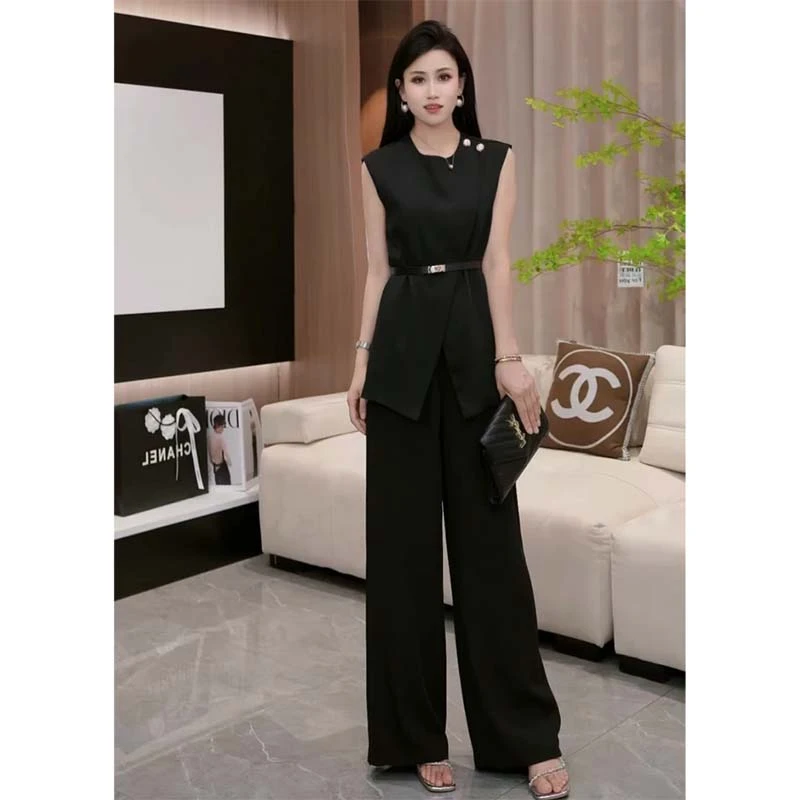 【两件套】高级感气质显瘦收腰上衣+高腰阔腿裤两件套套装D2007