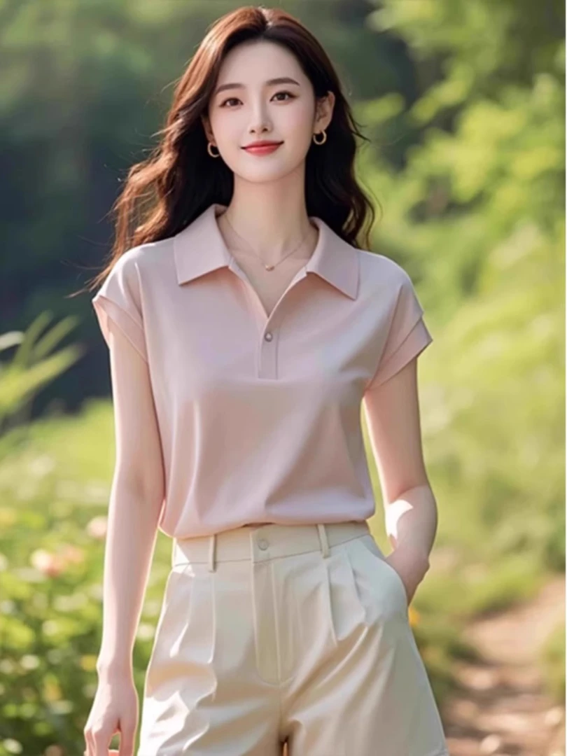 轻熟风纯色上衣翻领正肩t恤女新款简约风显瘦短袖减龄洋气上衣夏