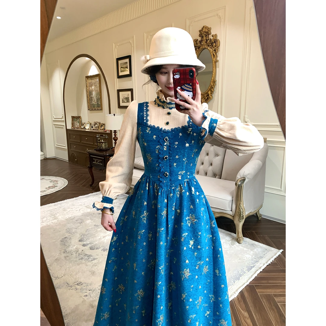 一生罗曼【冰雪奇缘】法式秋冬提花拼接假两件蓝色显瘦连衣裙L1618