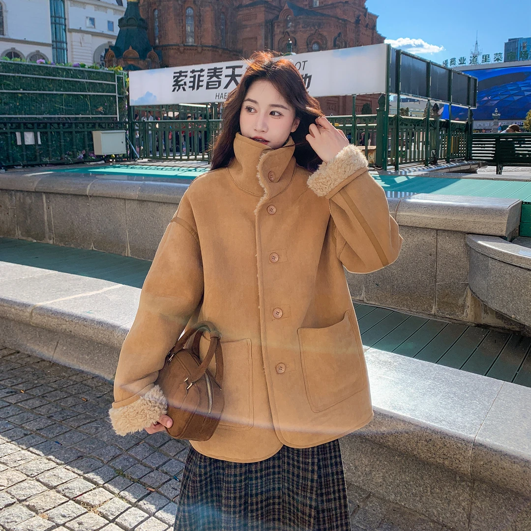 卡其色两面穿羊羔毛外套女2025冬季新款加绒加厚麂皮绒皮毛一体女