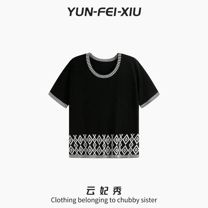 云妃秀大码女装T恤休闲时尚胖妹妹显瘦宽松百搭韩版上衣夏季23068