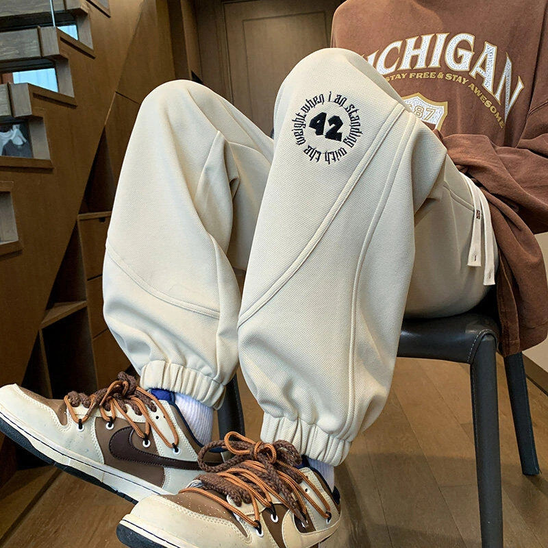 WSYYQIUYI裤子男春秋潮流美式刺绣休闲卫裤阔腿宽松束脚运动裤