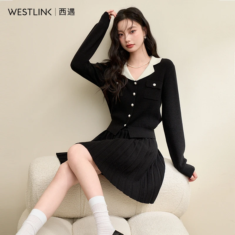 42662西遇法式翻领针织衫套装女2024年秋季新款上衣百褶裙两件套