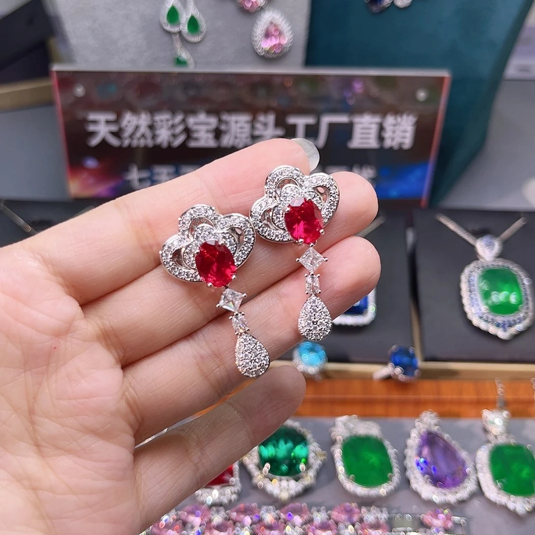 银S925镶嵌耳饰红宝石t z 77