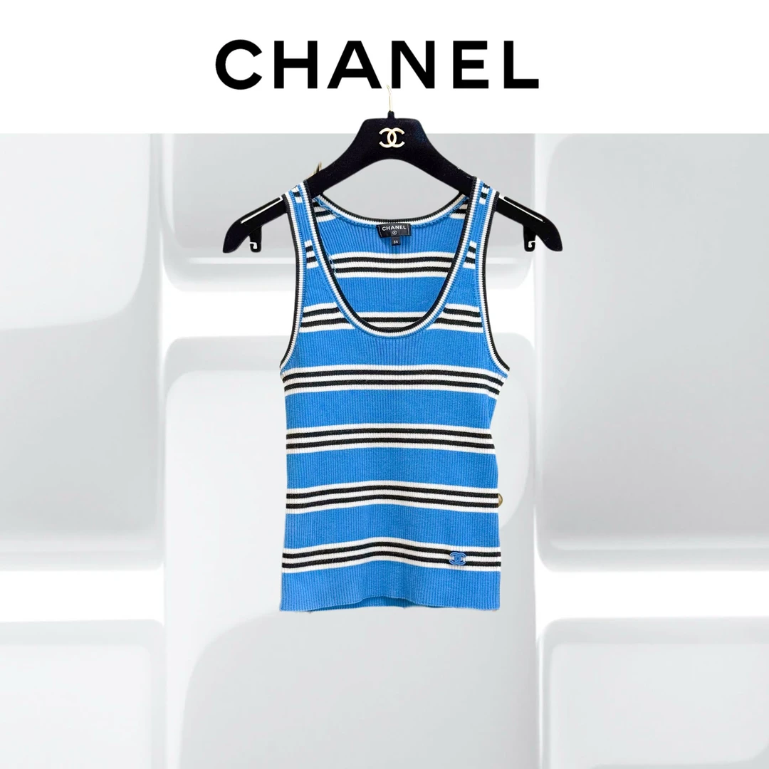 99新 Chanel/香奈儿 34码24A蓝色拼黑白横条纹无袖背心