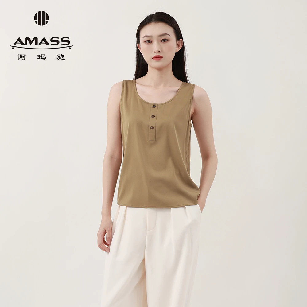 阿玛施AMASS新款简约宽松百搭纯色装饰扣丝质薄款套头背心530073