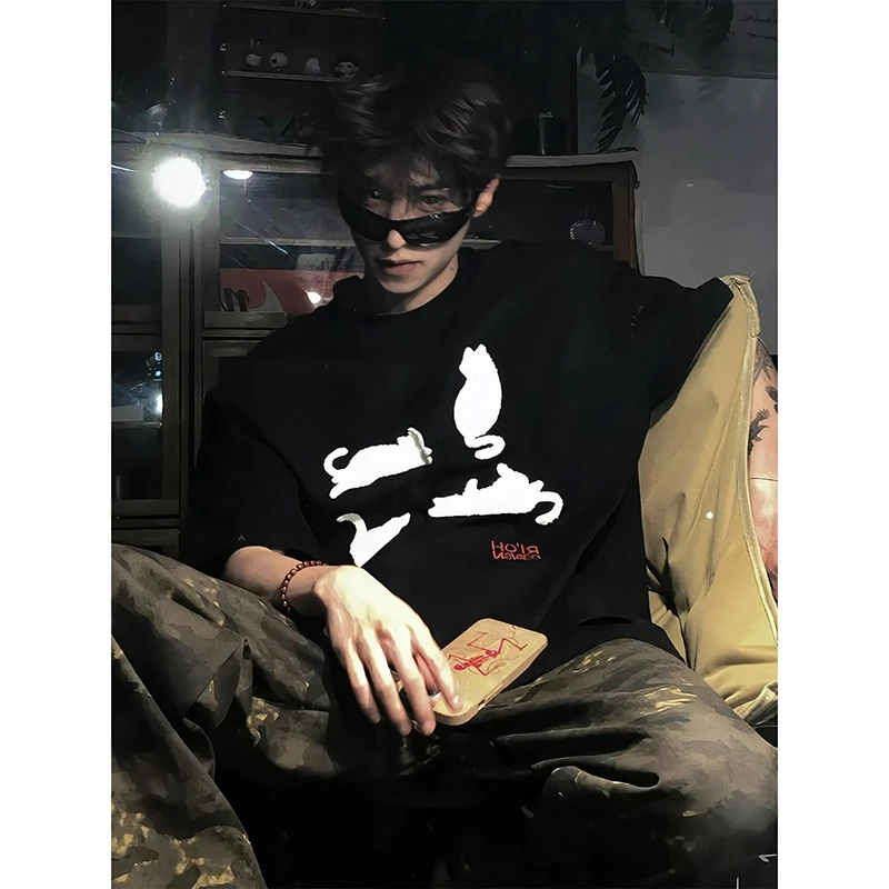 猫咪印花黑色男生短袖t恤夏季重磅美式复古慵懒风圆领重磅t恤男