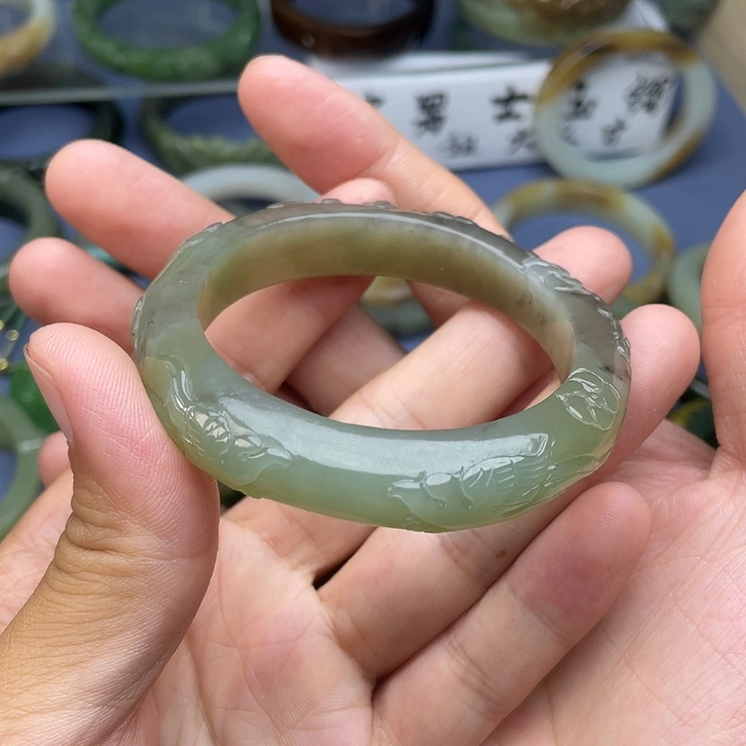 未镶嵌手镯和田玉（青白玉）双鹊报喜镯55mm