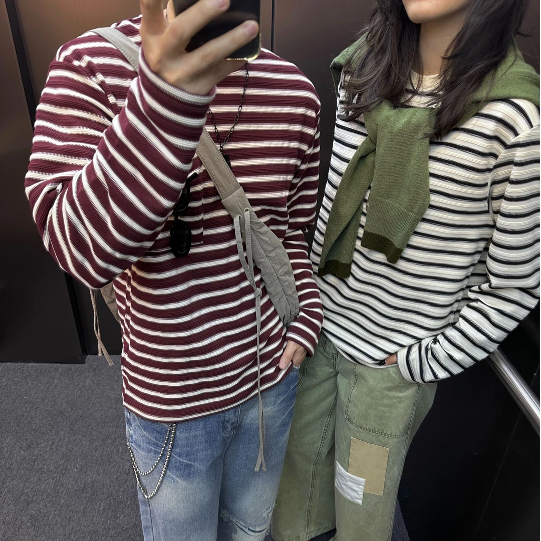 减龄10岁的特殊肌理感条纹长袖T恤男女同款圆领宽松