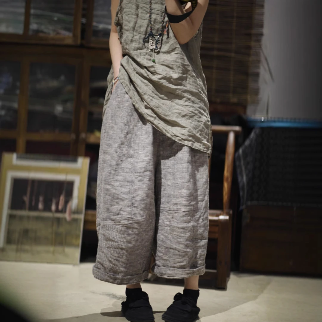 25/3 SN137休闲复古 色织亚麻立体拼片松紧休闲低裆裤