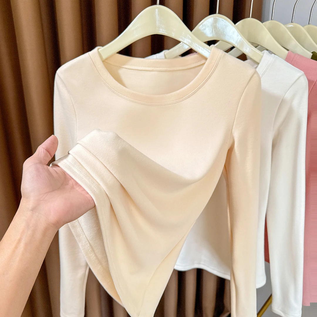 圆领双面德绒长袖打底衫女2025秋冬修身内搭磨毛T恤显瘦百搭上衣