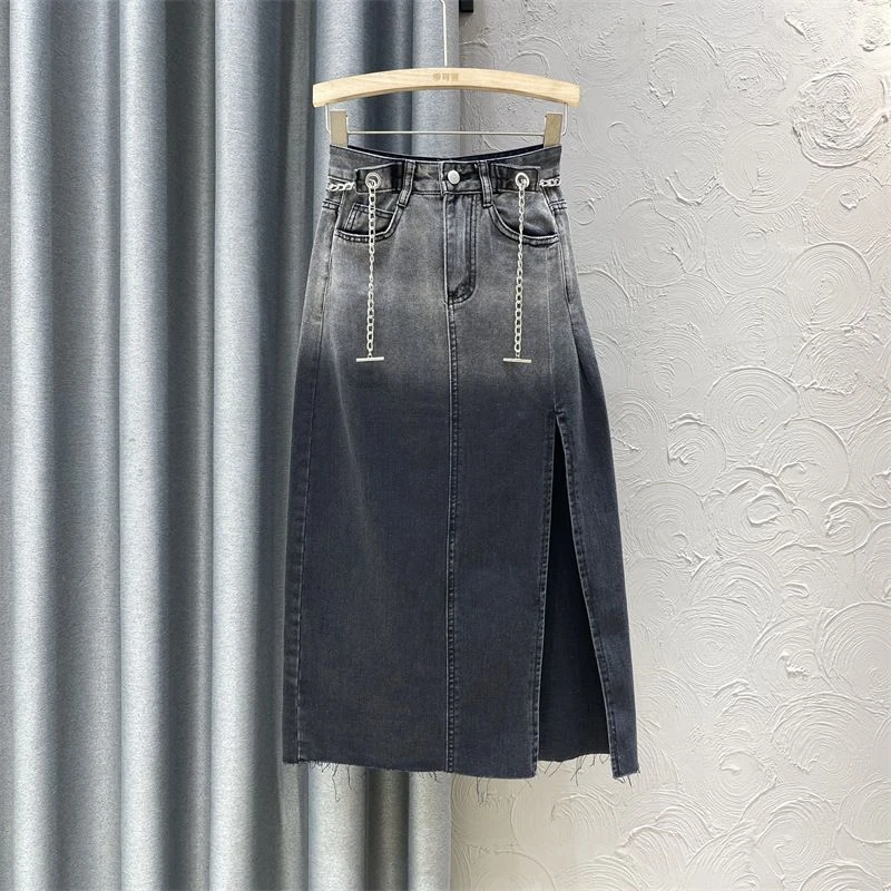 300斤特大码女装胖MM渐变中长款开叉半身裙女高腰显瘦灰色包臀裙