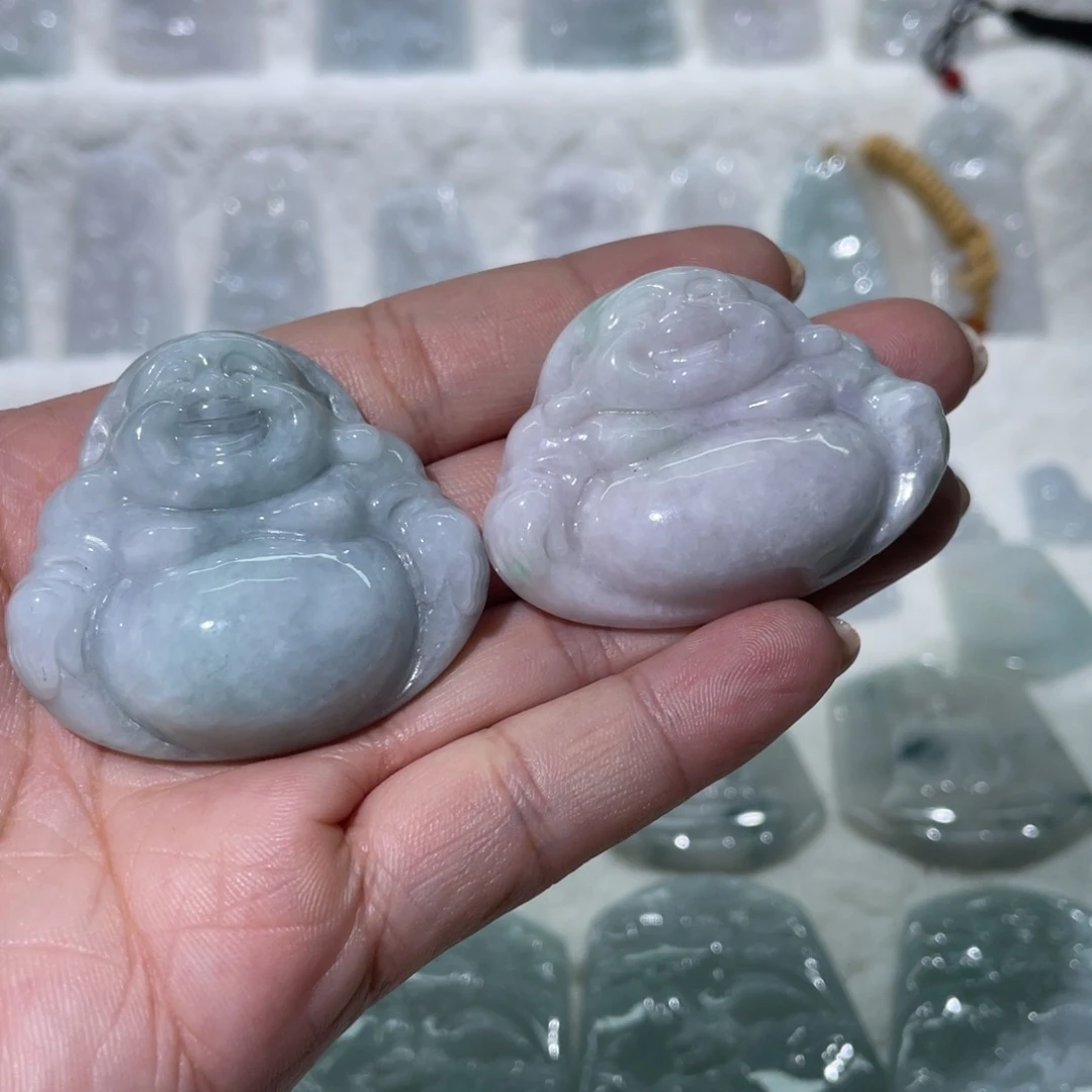 翡翠未镶嵌颈饰佛公，一对