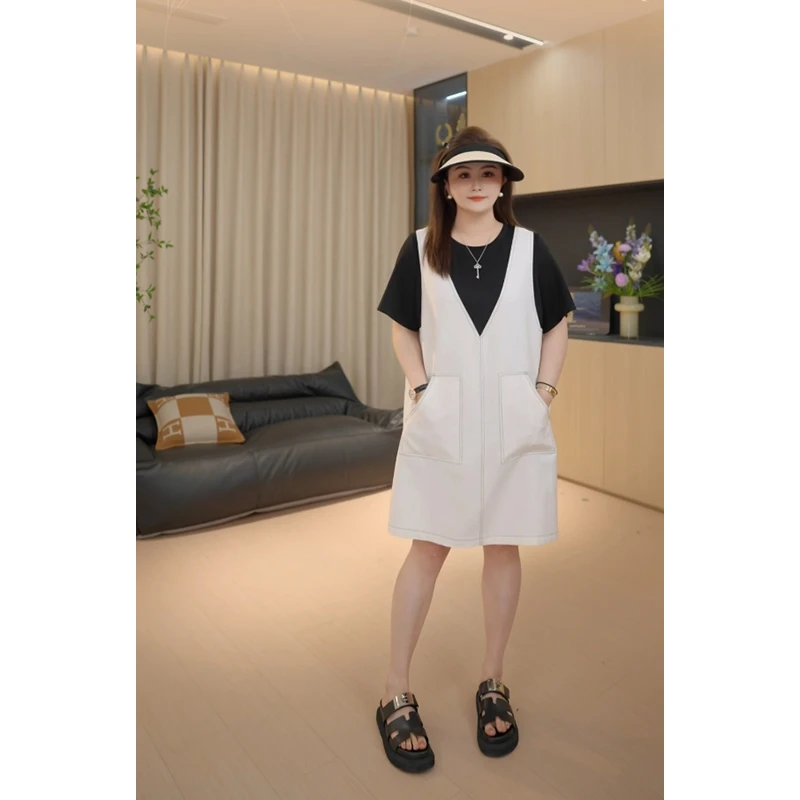 【胖佳佳】现货~绵绵冰纱 牛仔拼接短袖连衣裙夏季百搭H625Z04664