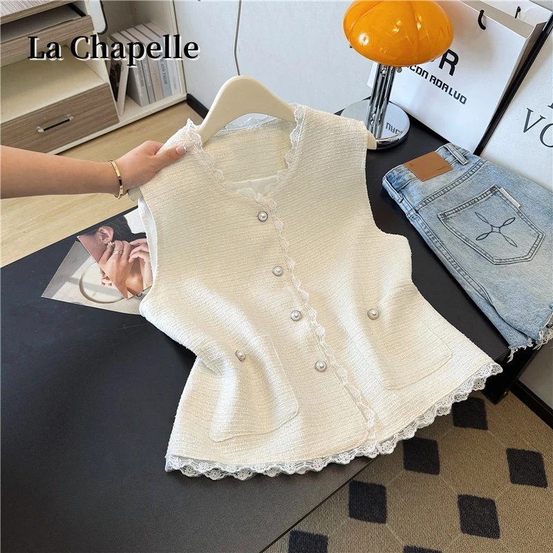 拉夏贝尔设计感时尚小香风蕾丝边拼接粗花呢单排扣马甲外套上衣女