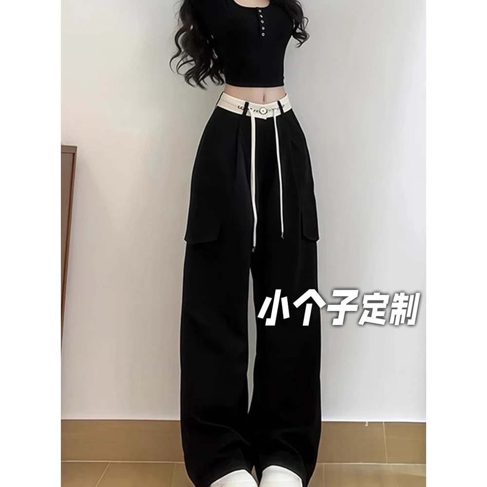 150小矮个子美式抽绳工装裤女秋季宽松显瘦休闲裤高腰直筒阔腿裤