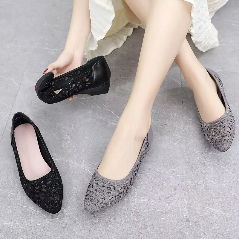 308 2025新款气质烫钻凉鞋洞洞鞋软底缕空透气网纱平底坡跟女凉鞋