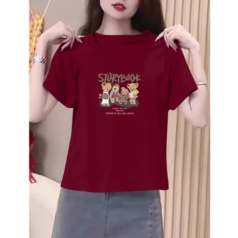 正肩红色短袖t恤女夏季大码体恤衫修身显瘦洋气减龄小熊印花上衣