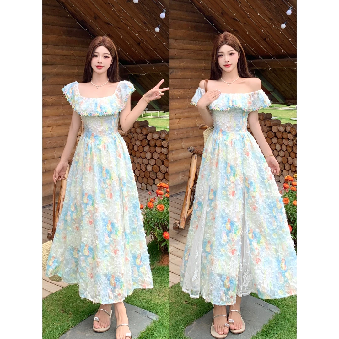 胖MM夏季法式方领碎花裙甜美海边度假仙女连衣裙