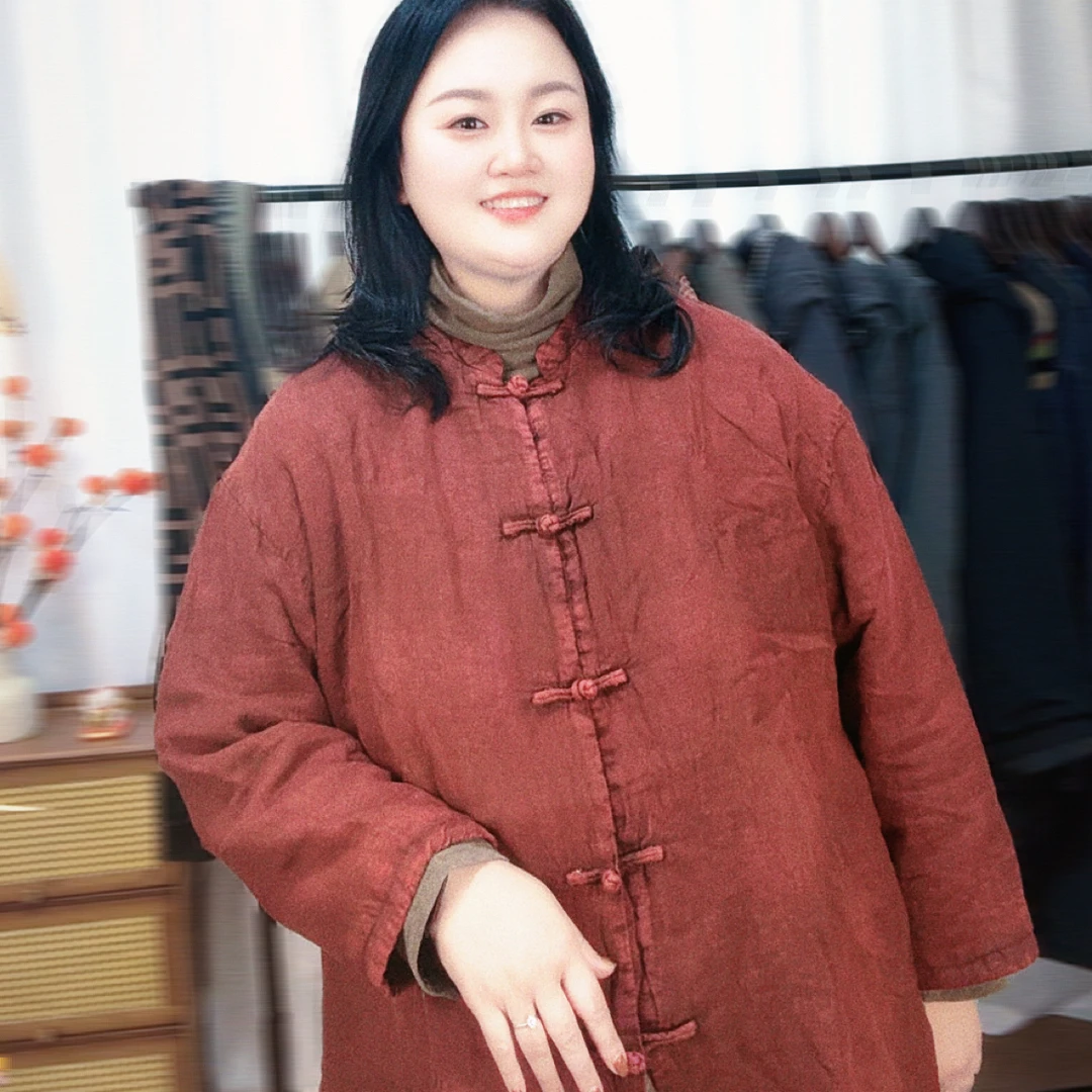 亚麻炒色网红短款中式文艺棉袄胸围144衣长前76后81可穿130-180斤