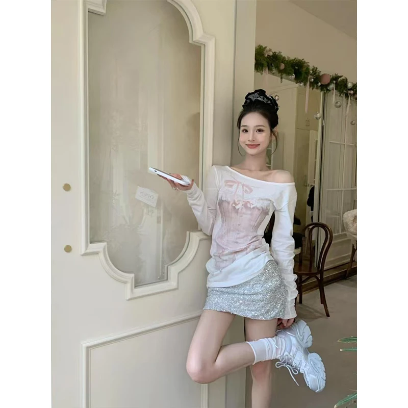 美式印花长袖上衣半身裙两件套