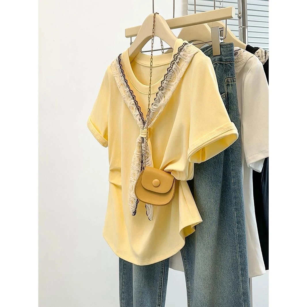 大码蕾丝披肩正肩短袖t恤女夏季新款胖mm宽松显瘦时尚洋气上衣女