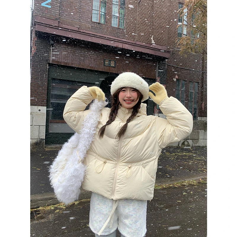 清仓霍里德地图 "糖果色冬景"奶黄色可收腰90白鸭绒羽绒服面包服