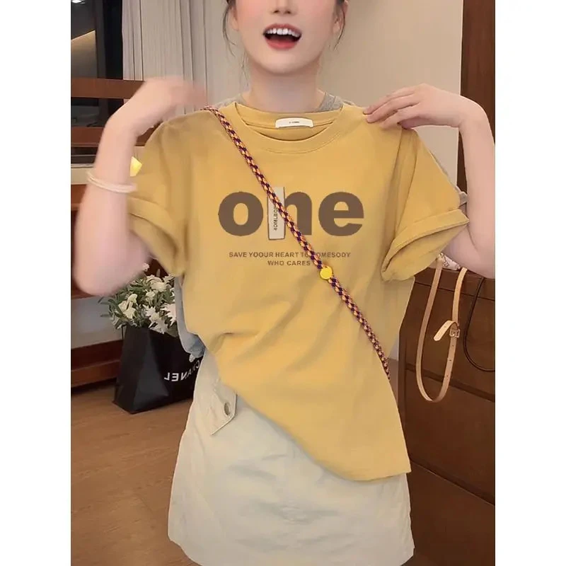 2025新款精梳棉正肩短袖t恤女韩版时尚休闲宽松显瘦黄色上衣夏季