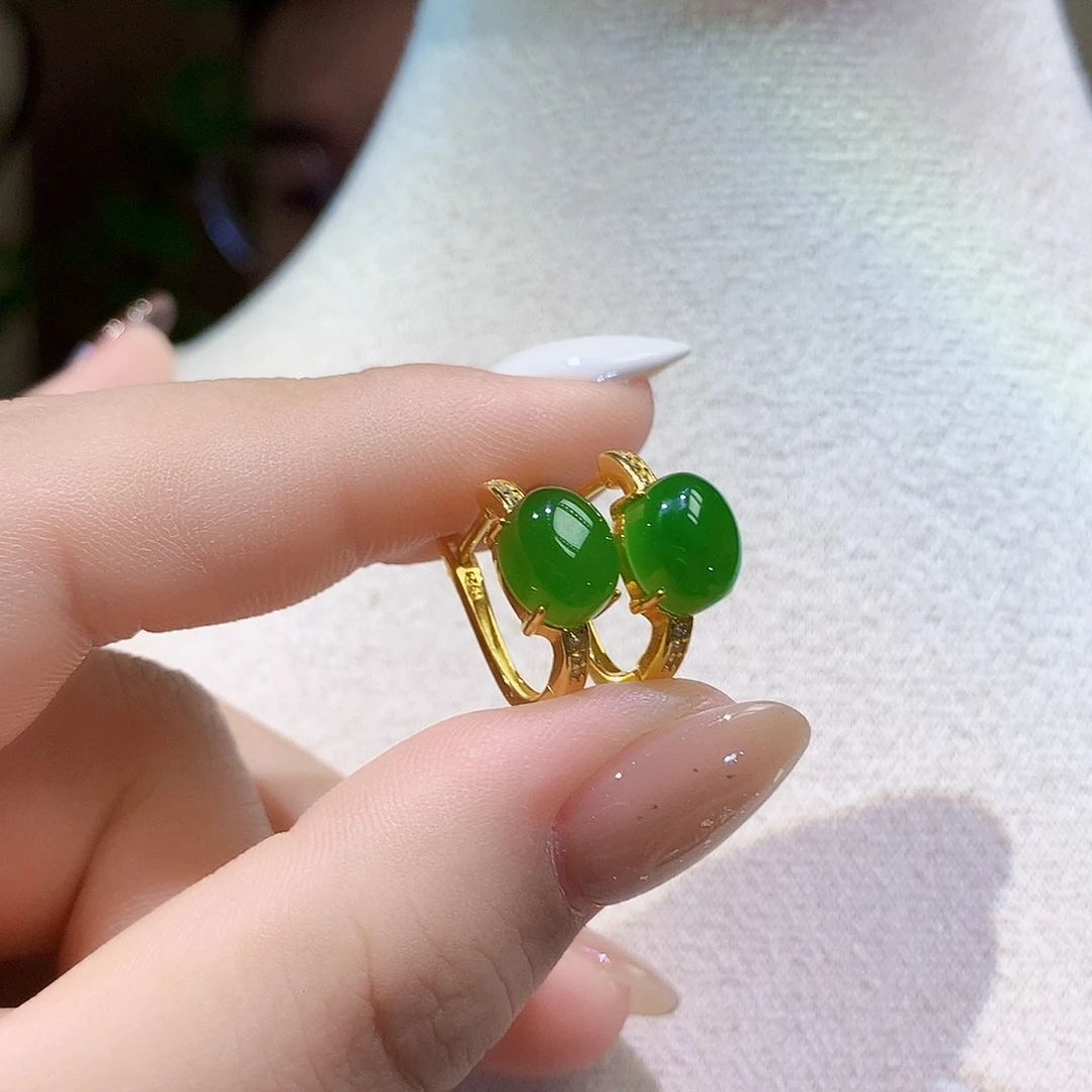 银S925镀金镶嵌和田玉（碧玉）耳饰