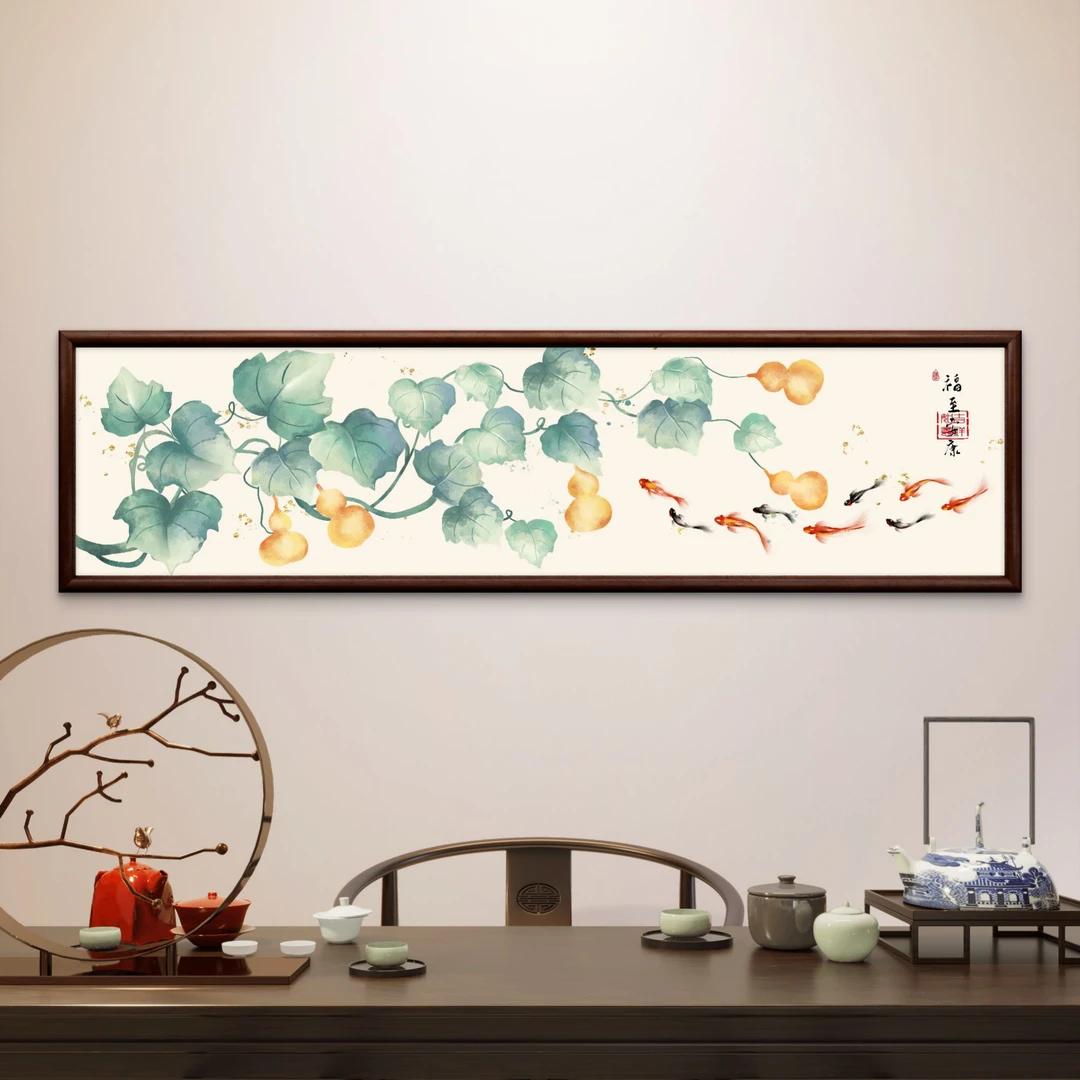 739-40*150五福九鱼实木框办公室玄关书房茶室客厅挂画