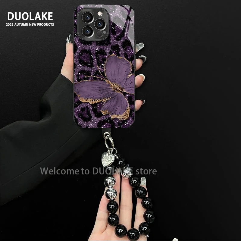 豹纹紫蝴蝶适用苹果vivo华为oppo小米iPhone17电镀玻璃防摔手机壳