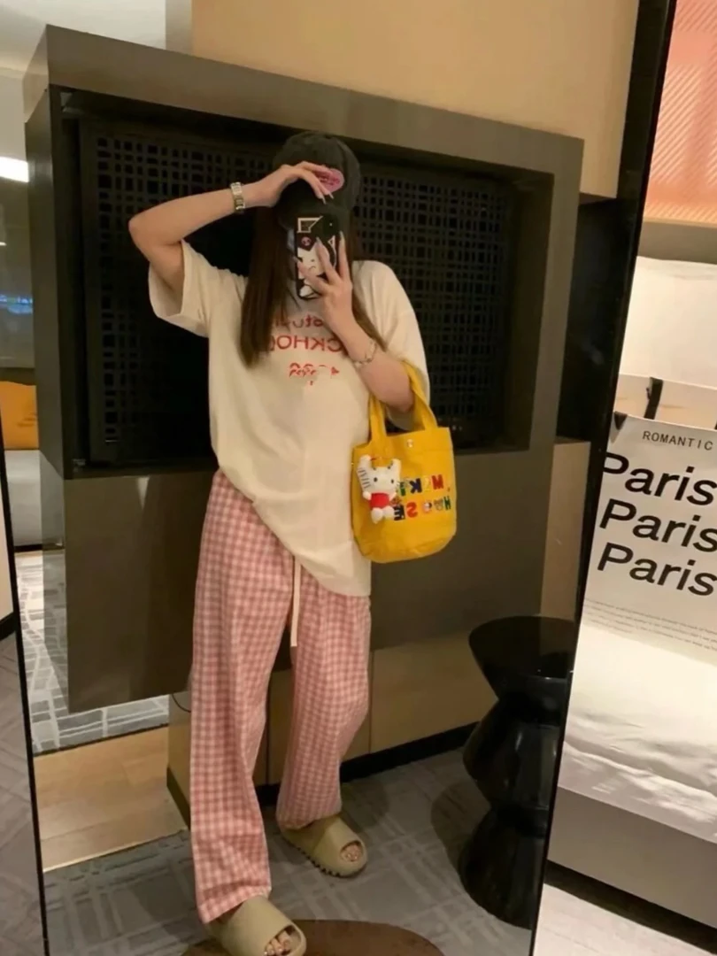 正确版-【草莓奶昔】草莓奶昔T袖上衣➕粉格子裤慵懒宽松显瘦松弛