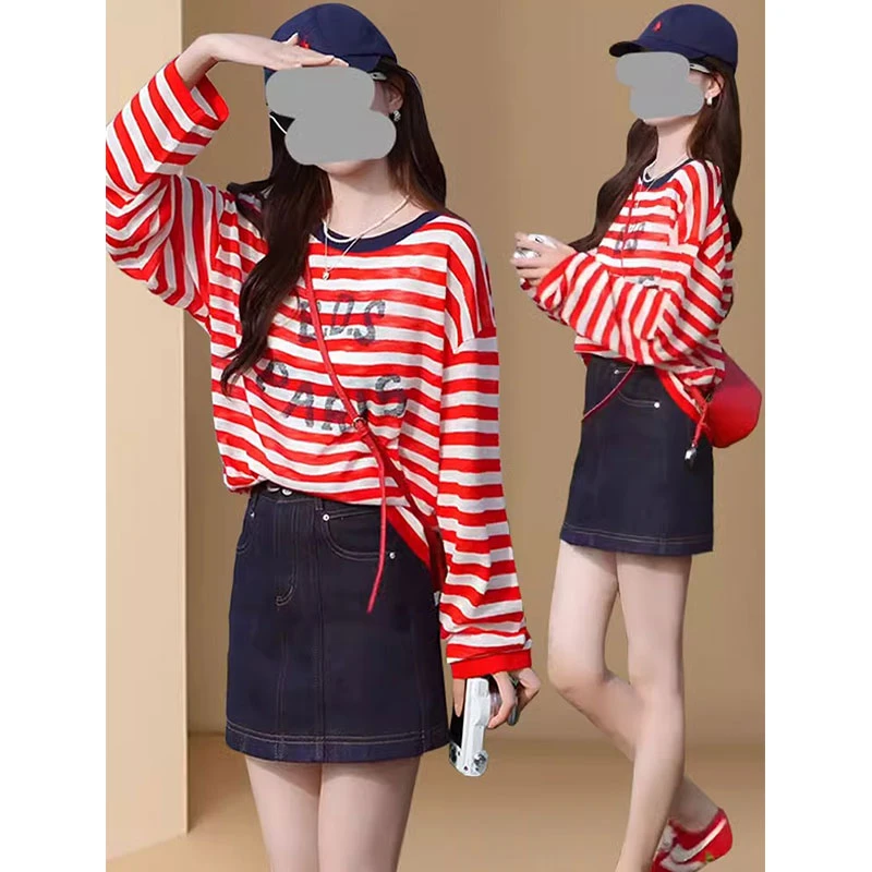 韩系圆领条纹撞色长袖T恤女款2025夏季新款休闲宽松防晒罩衫上衣