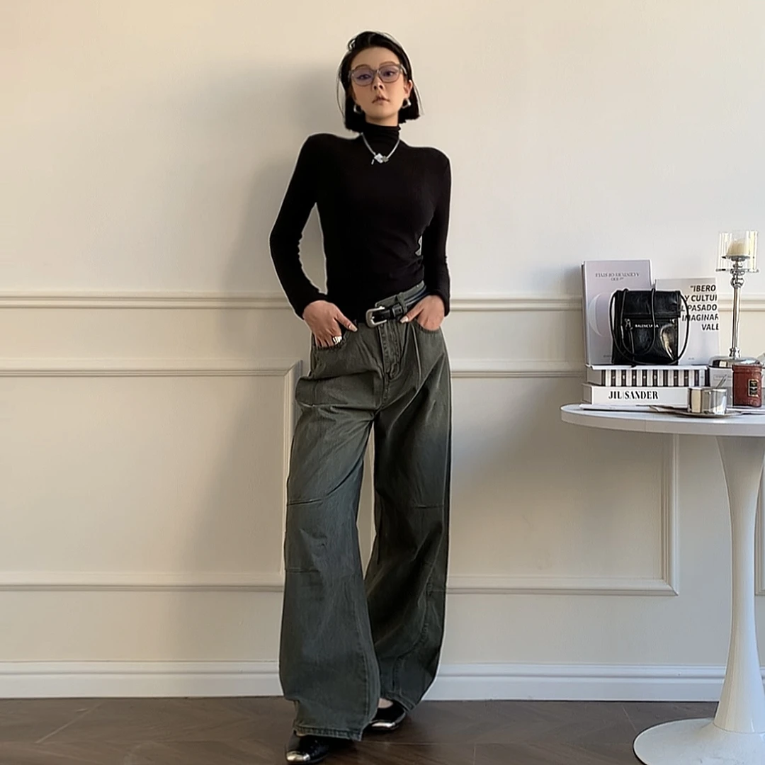 NBW百万秋冬新款美式复古美拉德廓形宽松垂感立体口袋弯刀牛仔裤