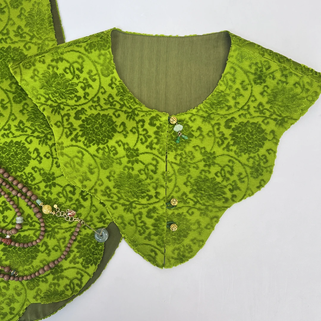 【香绮名夏】牛油果绿缠枝莲漳缎云肩 新中式非遗漳缎云肩