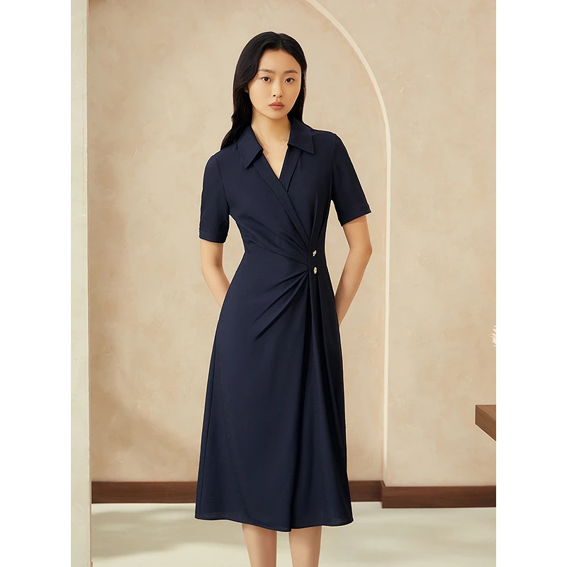 YINER音儿专选2025夏季新款藏蓝色V领显瘦连衣裙8C65205526
