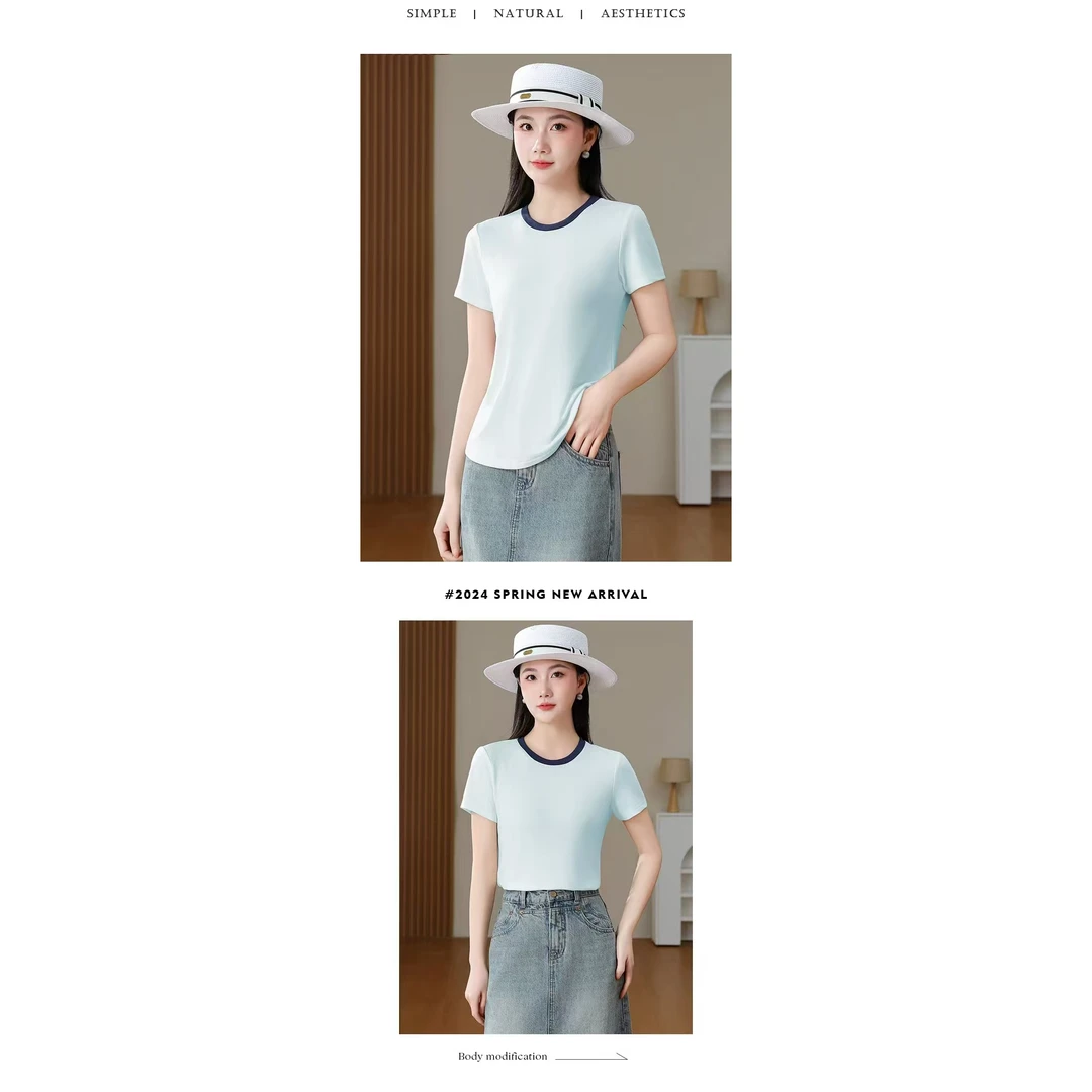 2025夏季百搭撞色圆领休闲高级感短袖上衣2513#T