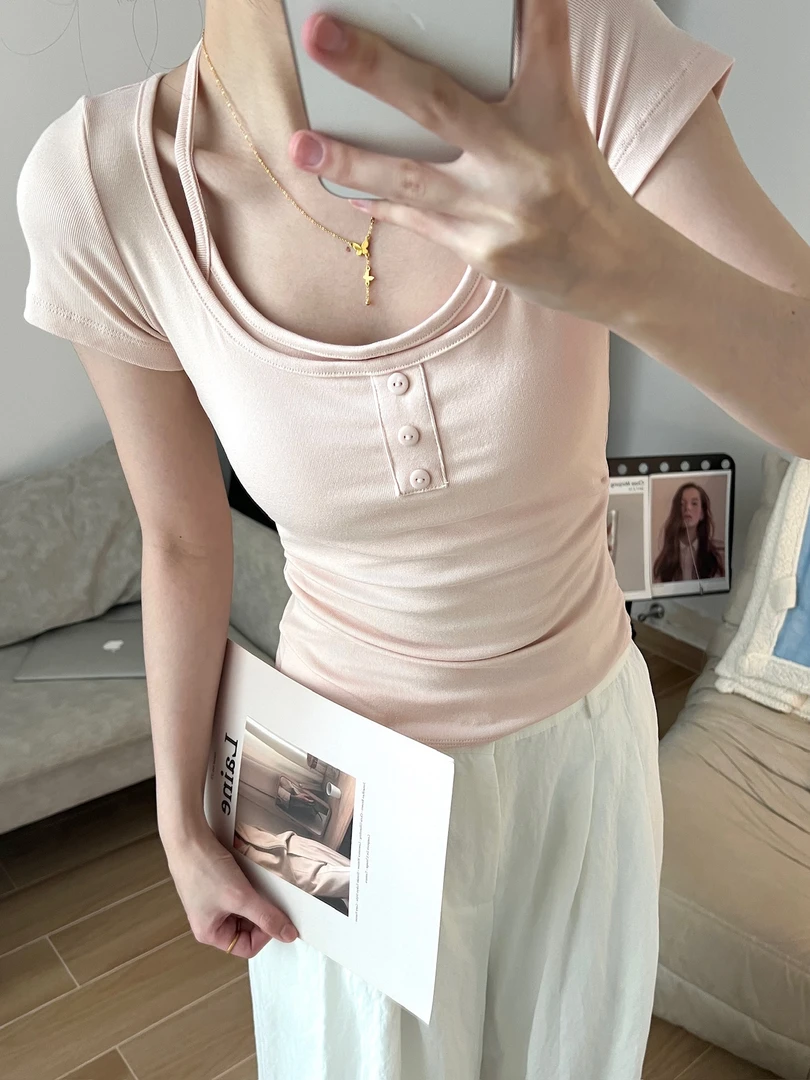 新款自带胸垫假两件纽扣绑带辣妹短袖修身上衣708