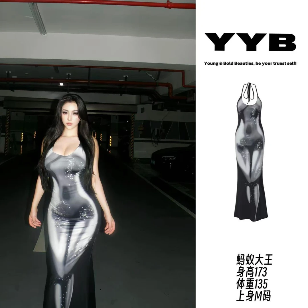 主播同款YYB家印花时尚挂脖修身性感露背系带长裙连衣裙女